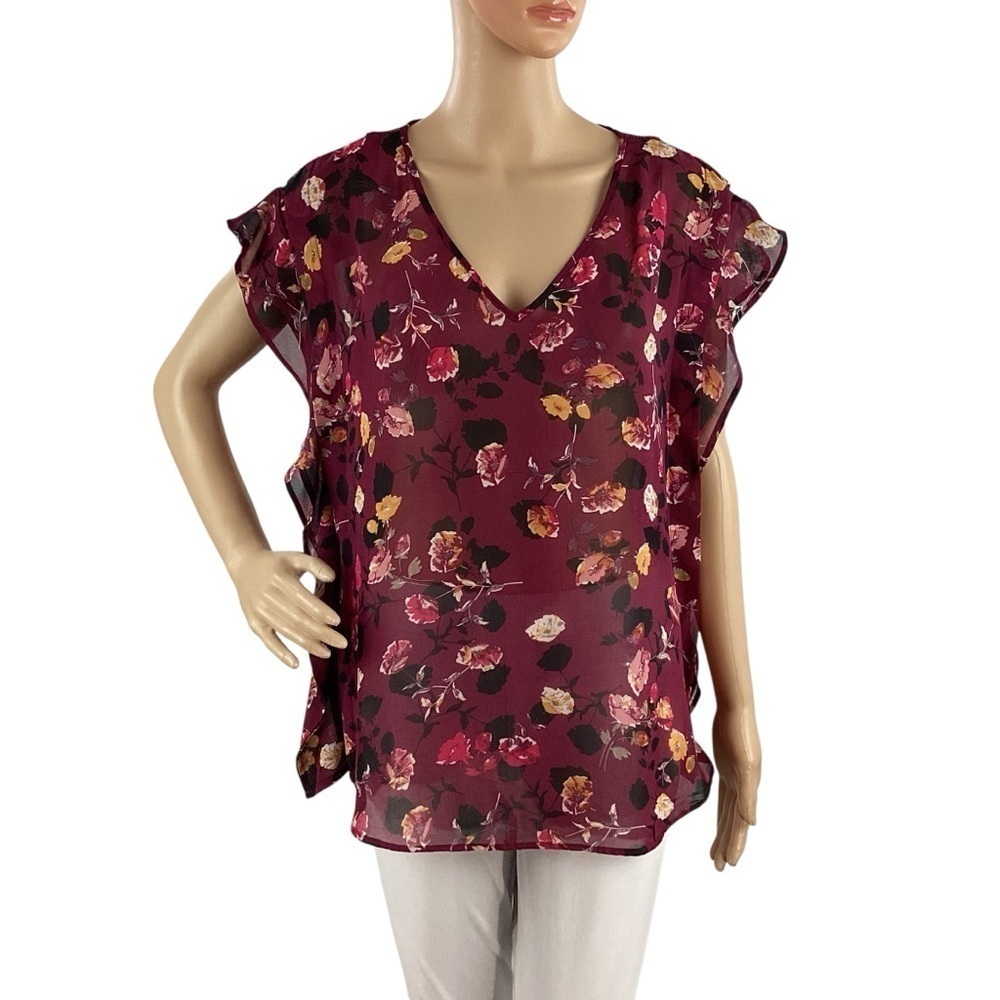 Meadow Rue Rose Garden Floral Blouse Burgundy Lace Back Size S Sheer
